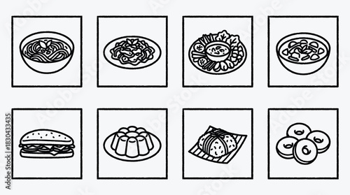 Collection of delicious food dishes illustrations in simple black and white line