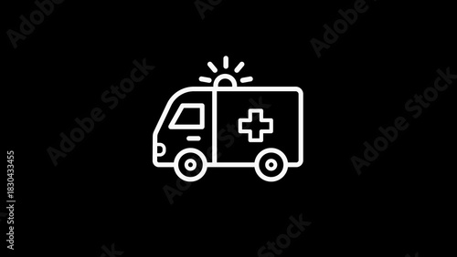 White outline icon of an ambulance with flashing lights and a cross symbol on black emergency vehicle