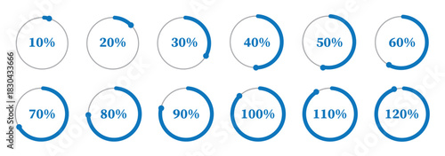 Template of dark blue and gray color fill pie charts indicator. Circle diagrams icons for infographics from 100 to 0 percent. Set of round graph loading progress. Blue progress bars. Round percentage