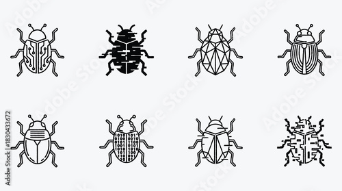 Variety of Line Art Bug Illustrations Representing Technology and Software Issues