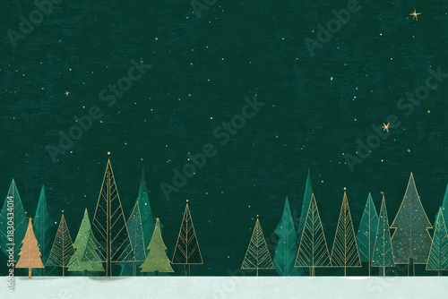 Whimsical winter forest scene with a starry night sky and snow covered ground creating a magical holiday atmosphere