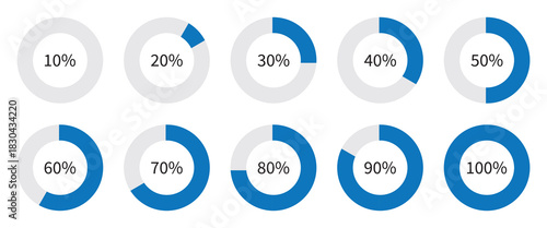 Pie chart full set, ring percentage diagram collection, loading circle icon, black isolated on white background, vector illustration.