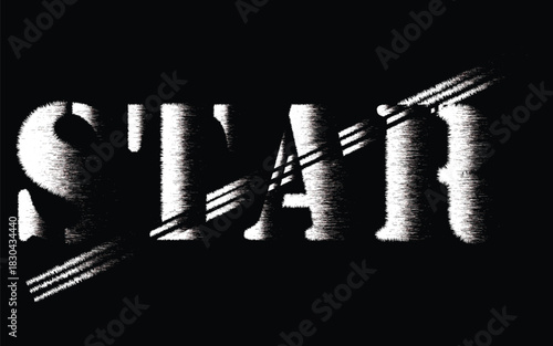 glitch textured star typography in bold white on black, distorted grunge star text with streaked line effects, abstract noisy star lettering design in high contrast