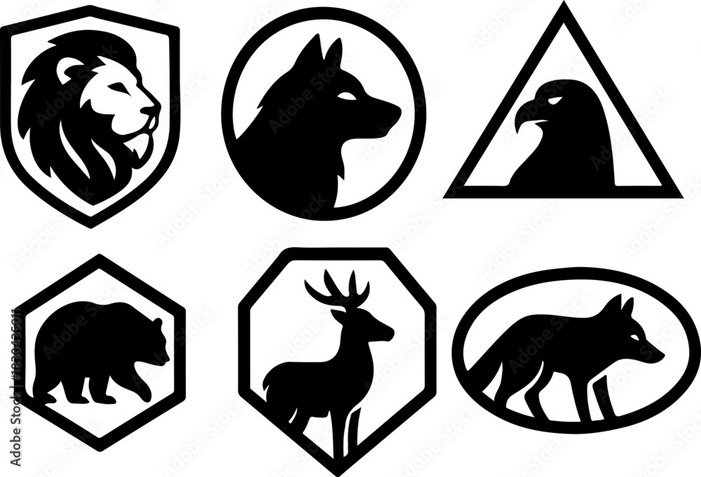 Naklejka premium Collection of animal silhouette logos lion wolf eagle bear deer fox raven and horse in geometric shapes for branding and design projects