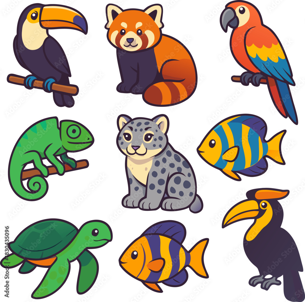 Fototapeta premium Colorful cartoon animals illustration featuring a toucan red panda macaw chameleon snow leopard fish turtle and hornbill on a white background