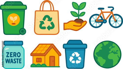 Eco friendly lifestyle elements promoting sustainability and environmental awareness featuring recycling renewable energy and zero waste practices for a healthier planet
