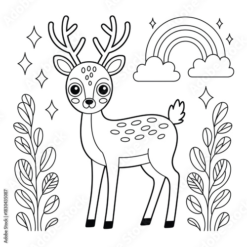 Black and white line art coloring page of a cute deer with rainbow and stars fawn animal