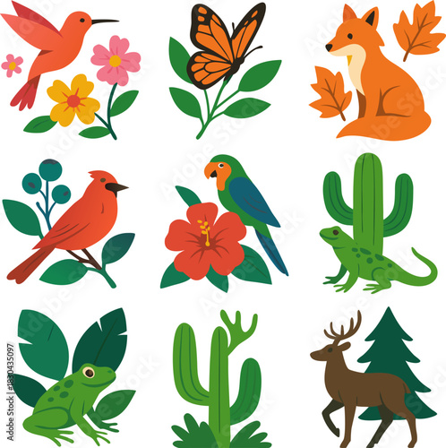 Colorful vector illustration of wildlife animals and plants including birds mammals reptiles insects and flora isolated on a white background for design elements