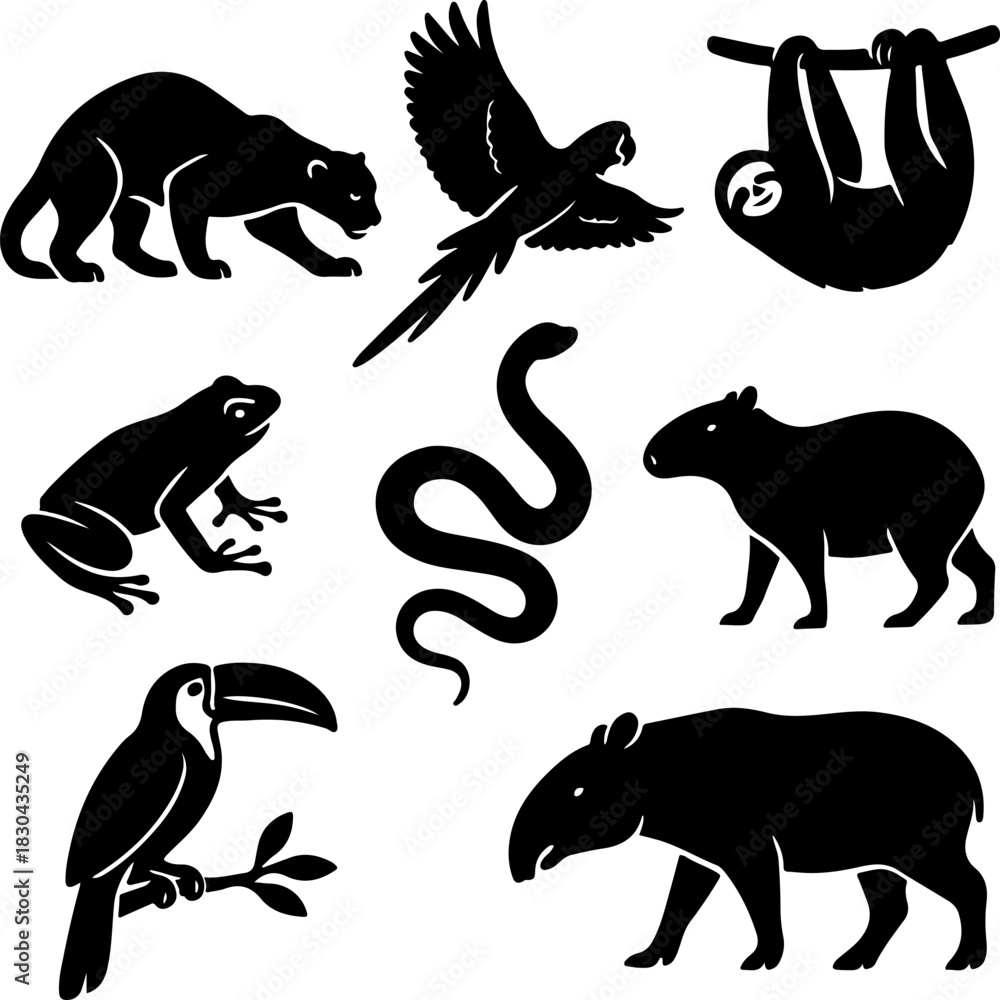 Naklejka premium Silhouette collection of amazon rainforest animals jaguar macaw sloth frog snake capybara toucan tapir representing biodiversity and wildlife of the amazon