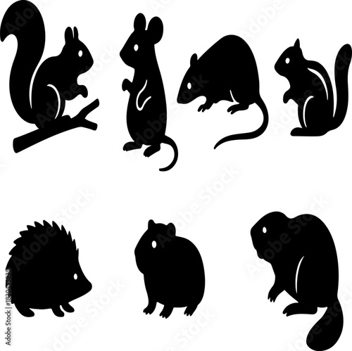 A collection of black silhouette vector illustrations featuring various rodents and small mammals including squirrels mice hedgehogs and beavers on an isolated white background