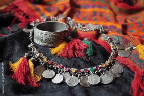 Ethnic amazigh Jewelry Set: Silver Necklace, Bracelet, and Shawl