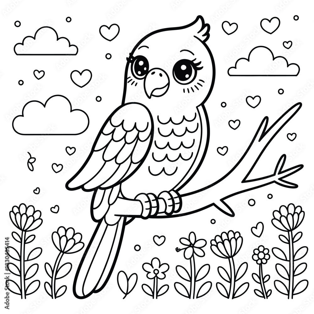 Obraz premium Black and white line art coloring page of a cute parrot sitting on a branch surrounded by flowers and hearts