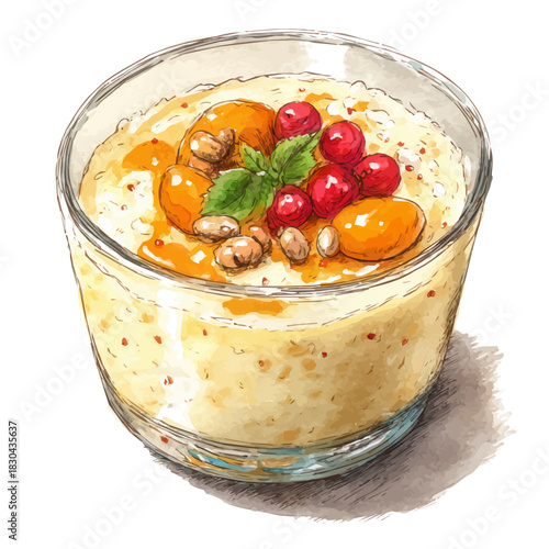 Isometric-style watercolor depiction of Rice Pudding, set against a white background.