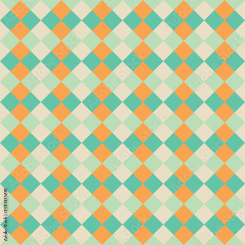 Pattern created from pale orange, teal, green and beige diamonds