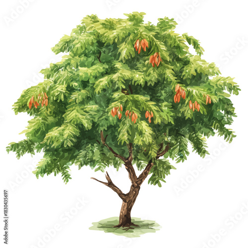 Isometric watercolor rendering of Tamarind Tree, isolated on a clean white background.