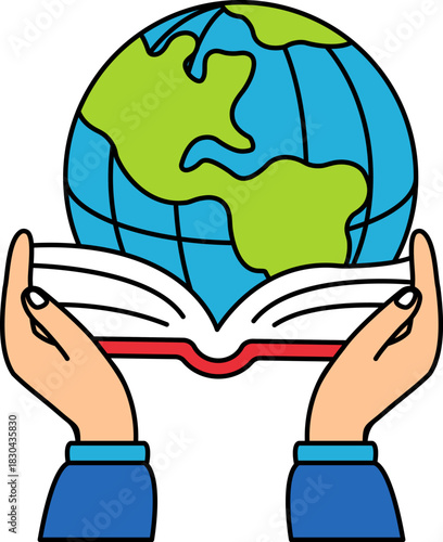 two hands holding a open book with a globe in the middle