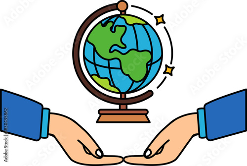 two hands holding a globe is in the middle