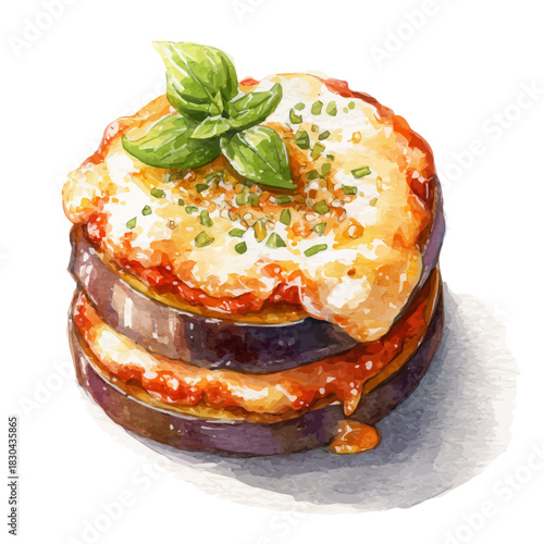 A watercolor isometric illustration of Eggplant Parmesan, cleanly isolated on white background.