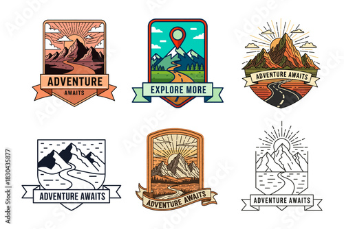 Adventure Badge Set: Mountain Road, Travel Icons
