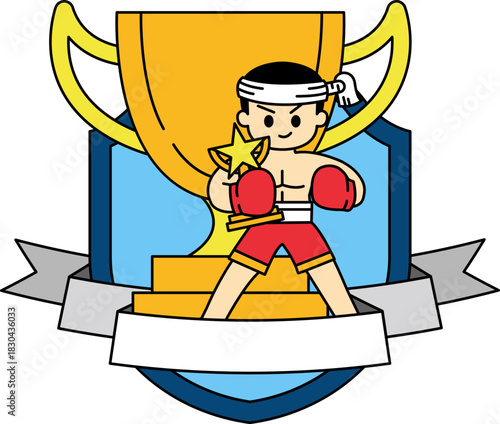 illustration of a male thai boxer holding a boxing trophy