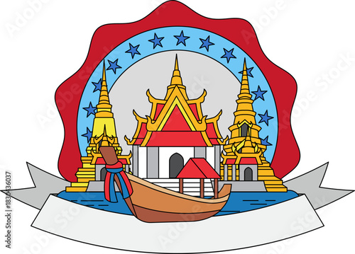 illustration of a thai temple with longtail boat logotype