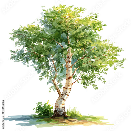 Watercolor isometric artwork featuring Birch Tree, presented on white background.