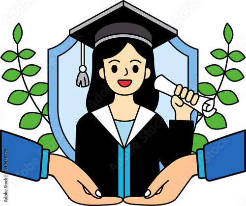 two hand holding a woman in a graduation gown holding a diploma