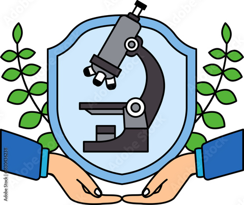 two hand holding a shield with a microscope