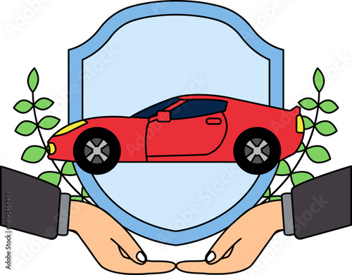 two hand holding a shield and a red car