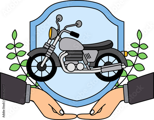 two hand holding a shield and a vintage motorcycle