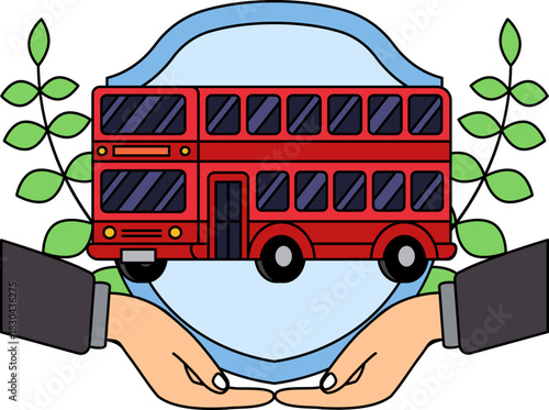 two hand holding a shield and a red double decker bus