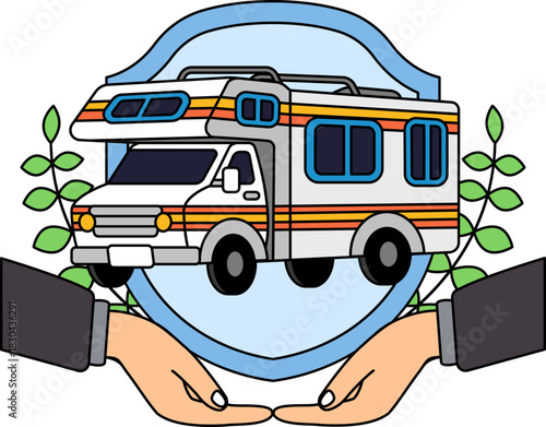 two hand holding a shield and a camper van