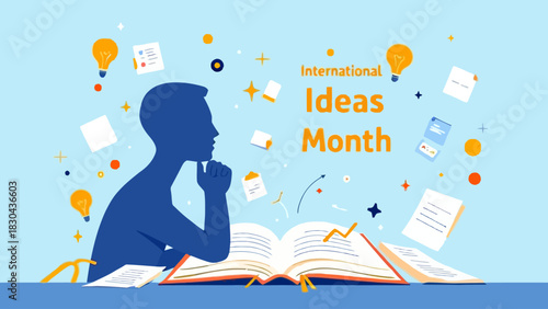 International Ideas Month illustration with silhouette of person thinking and open book surrounded by lightbulbs and papers.