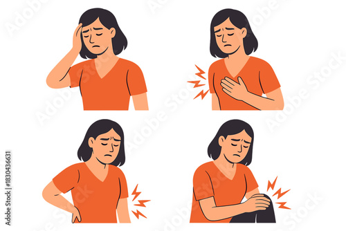 Woman suffering from body pains including headache, chest discomfort, backache, and knee joint symptoms