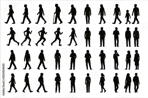 Diverse people silhouettes walking running and standing in dynamic and static poses