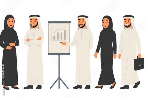 Professional Arab business team collaborating during a financial presentation