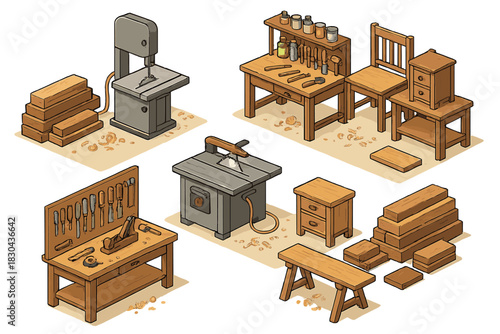 Isometric set of woodworking equipment, power tools, hand tools, and finished wooden furniture pieces
