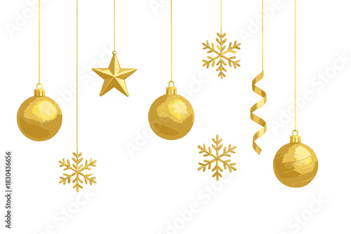 Golden Christmas ornaments baubles star and snowflakes hanging on strings isolated on white