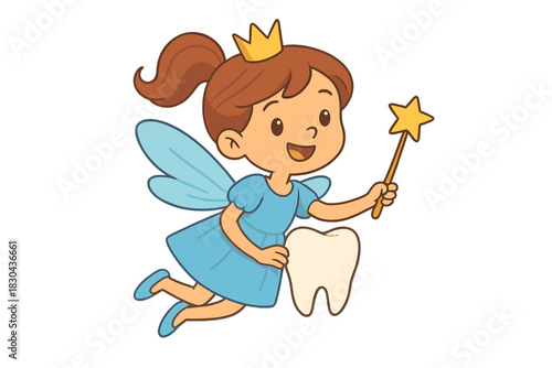 Adorable cartoon Tooth Fairy character flying in a blue dress holding a magic wand and a large molar tooth