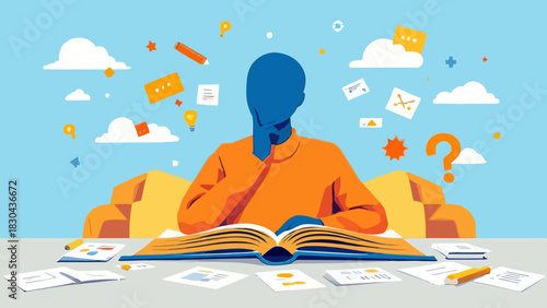 Illustration of a person reading a book with ideas floating around them.