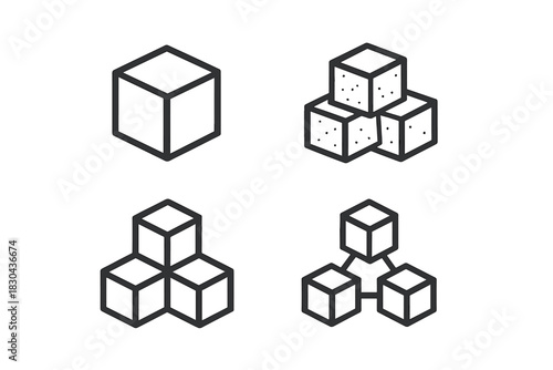 Set of four abstract cube icons symbolizing structure, data, and modular design concepts