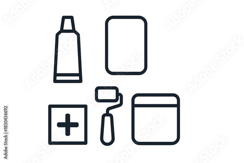 Outline icons set featuring paint roller, tube, containers, and art supplies