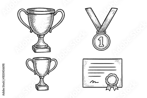 Hand drawn sketch set of achievement awards including trophies, first place medal, and diploma