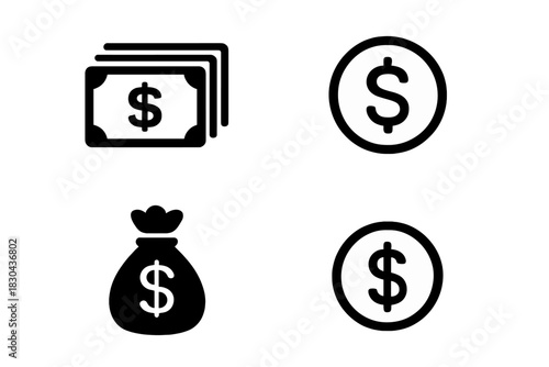Set of black glyph icons representing dollar currency, banknotes, coins, and a money bag