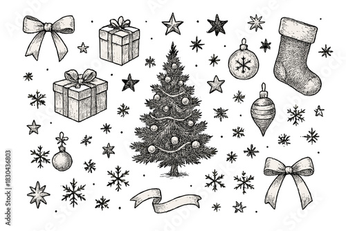 Detailed sketch drawing of vintage Christmas and New Year holiday elements collection