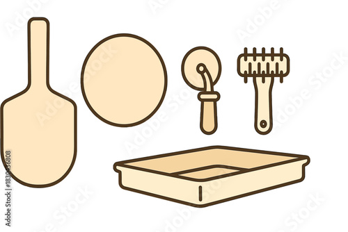Collection of pizza making tools including dough roller cutter peel and baking tray