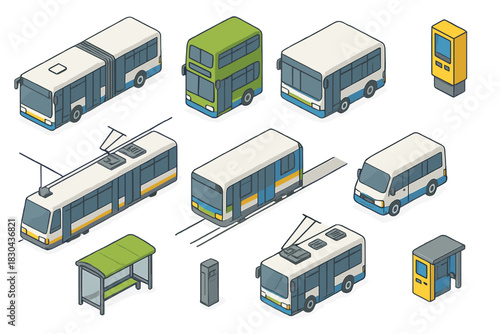 Isometric public transportation vehicles set featuring buses, trams, rail cars, and transit stops