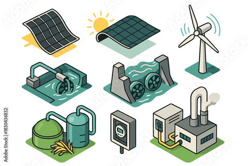 Isometric renewable energy sources solar wind hydro biomass power generation systems
