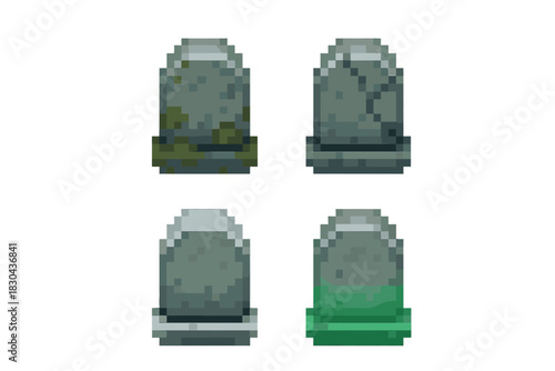 Set of four detailed stone tombstones with moss and cracks for spooky themes