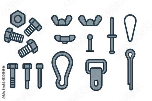 Essential mechanical fastening elements including bolts, nuts, clips, and specialized metal pins